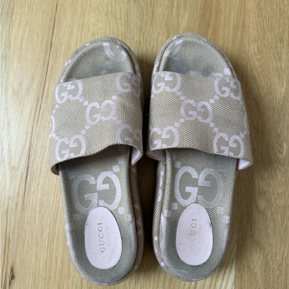 Gucci Beige and Light Purple GG Canvas Slide Sandals